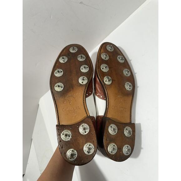 Callaway Golf Shoes Men's 9.5 Brown White Wing Monk Strap‎ Buckle Spikes Italy - Picture 7 of 10
